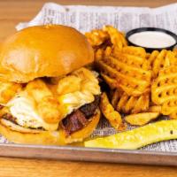 Heart Attack Burger · Bacon, cheddar cheese, cheese curds, egg and secret sauce.