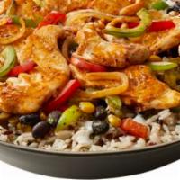 Southwestern Chicken Bowl · Grilled chicken and onions, charred corn, black bean and pepper salad, pickled jalapenos and...