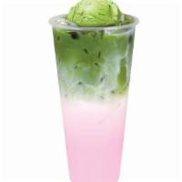 Rose Matcha Float · Fresh milk flavored with rose, a layer of premium matcha, and topped with a scoop of matcha ...