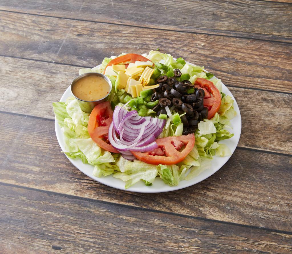 Tossed Salad · Fresh lettuce, tomatoes, onions, green peppers, black olives and cheese.