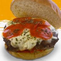 8. David Burger-Pizza · Hamburguesa de pizza. Beef burger with marinated pizza sauce, melted mozzarella cheese, and ...