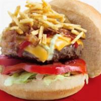 9. Beef Burger · Hamburguesa de carne. Melted cheddar cheese, tomatoes, lettuce, potato sticks, mayo, and ket...
