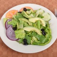 43. Garden Salad · Fresh romaine lettuce, tomatoes, peppers, cucumbers, carrots, olives and red onions.