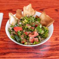 Fattoosh (Salad) · Contains Parsley, Tomatoes, Onions, Mint, Pepper, Lettuce, crunchy Pita bread, Olive oil, Le...