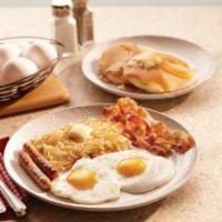 Classic Blockbuster · 2 eggs, 2 bacon strips, 2 sausage links and hash browns.