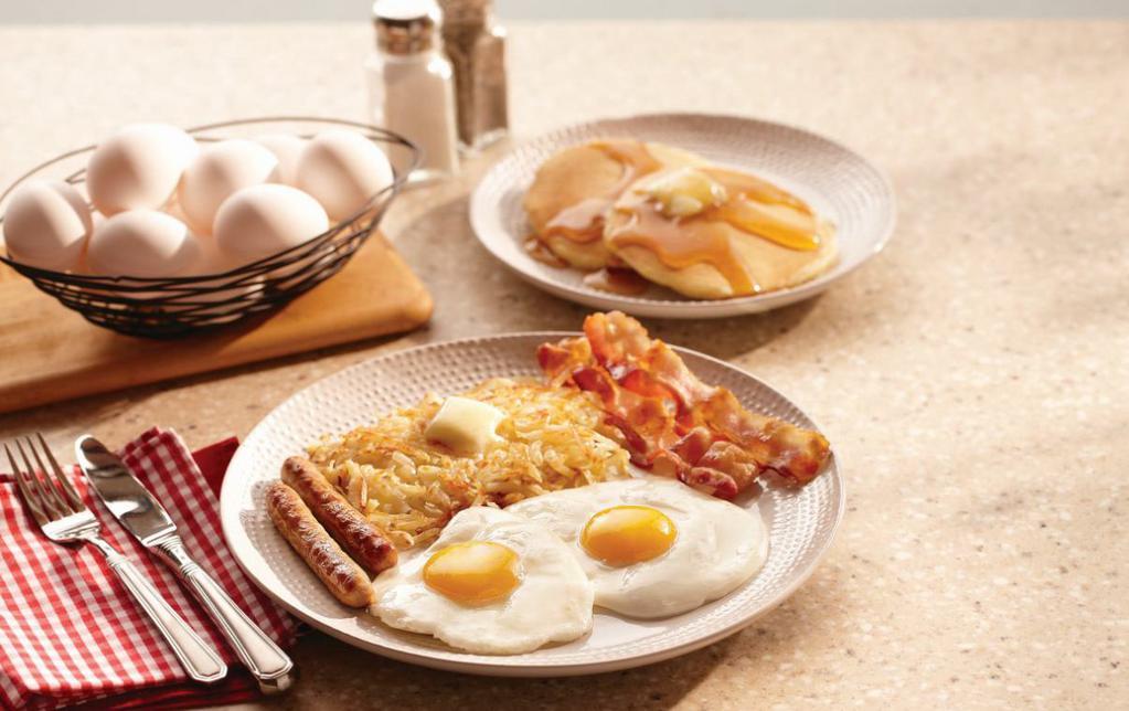 Classic Blockbuster · 2 eggs, 2 slices of bacon and 2 sausage links, hash browns and choice of toast or hotcakes.