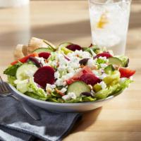Greek Salad · Feta cheese, beets, red onion, cucumber, tomato, pepperoncini, chickpeas, Kalamata olives an...