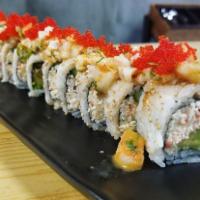 Lion Roll · Salmon, avocado, cucumber, kani, rocoto shrimp ceviche