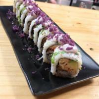 Dr. Octagon Roll · Crispy baby octopus, topped with octopus ceviche - lime, botija dehydrated olives, pulpo cal...