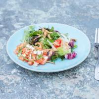 Lotus Salad · Mix of greens, tomatoes and feta with basil, mixed pickles, 1 crunch, 1 dressing.