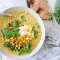 Spicy Chickpea Soup Bowl · Sauteed Chickpeas, Kale, Onion, Garlic, Turmeric, Ginger, and coconut milk, topped with fres...