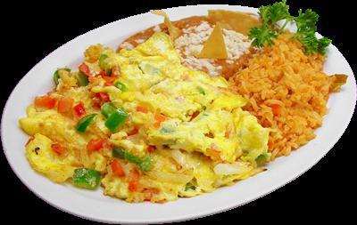 Huevos a la Mexicana · Eggs Mexican style. Served with rice, beans, lettuce, guacamole, and sour cream. 