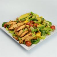 Chicken Mexican Salad · Romaine lettuce, onion, black beans, bell pepper, grilled corn, fried tortilla, cilantro, av...