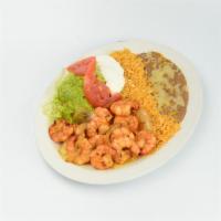 Camarones a la Plancha Plate · Grilled shrimp, prawns with onion, mild peppers, bacon, rice, beans, sour cream, guacamole, ...