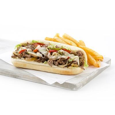 Philly Cheese Steak Sandwich · Melted Jack cheese, grilled onions and bell peppers. Served with tomato, lettuce, onions, pickles and fries.