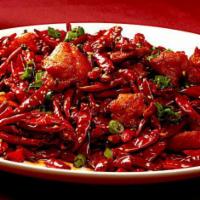 Chongqing Spicy Chicken(Bone-in) · Cutted chicken wings.
Crispy and Sichuan style spicy.