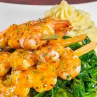 Grill Garlic Shrimp Skewers · Server with golden mash potato and spinach.