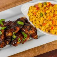 Wings · Hickory-smoked then charred. House BBQ, Jamaican jerk BBQ, Buffalo mild sauce, sweet chili, ...