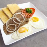 Steak and Eggs · Hash brown and toast.
