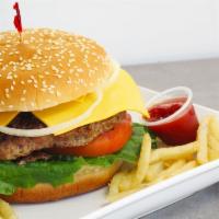 Burger with Fries and Soda · American cheese, onion, tomato, ketchup, mustard and mayonnaise.
