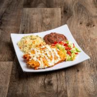 Pollo Enchilada · Oaxacan inspired enchiladas are served with choice of meat and are topped with 1 of 3 homema...