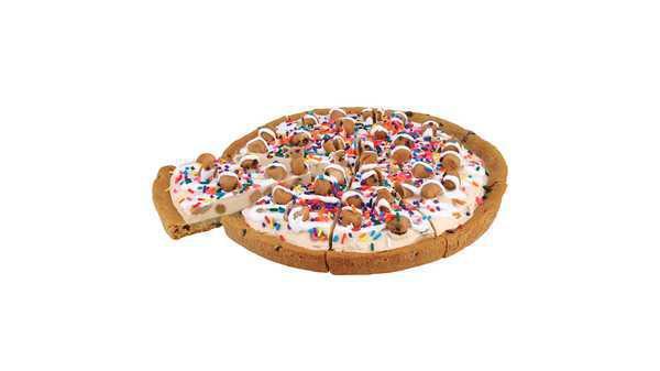 Chocolate Chip Cookie Dough Polar Pizza · A chocolate chip cookie crust with chocolate chip cookie dough ice cream, topped with cookie dough pieces, rainbow sprinkles and drizzled with marshmallow topping.