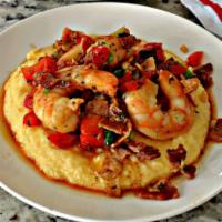 Shrimp and Grits  · Creamy cheese grits with a savory topping of shrimp, turkey sausage, peppers, fire roasted t...