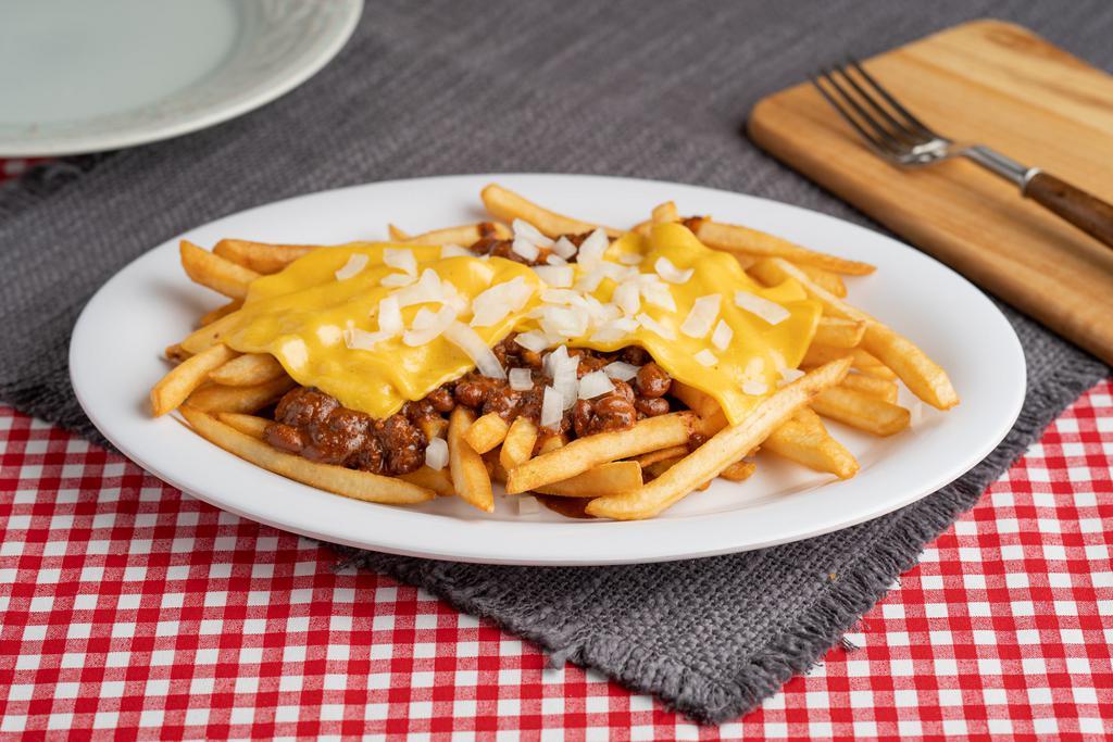 Chili Cheese Fries · French fries smothered in a rich and meaty chili topped with 2 thick slices of cheese. Add bacon for an additional charge.