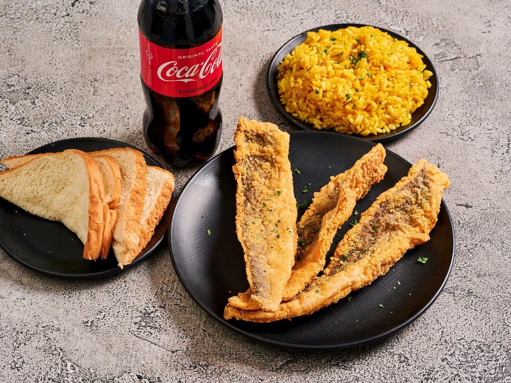 Whiting Platter · Delicious Crispy Whiting Fish served with your choice of Fries or Cajun Rice. It comes with sliced bread and 4oz of coleslaw.