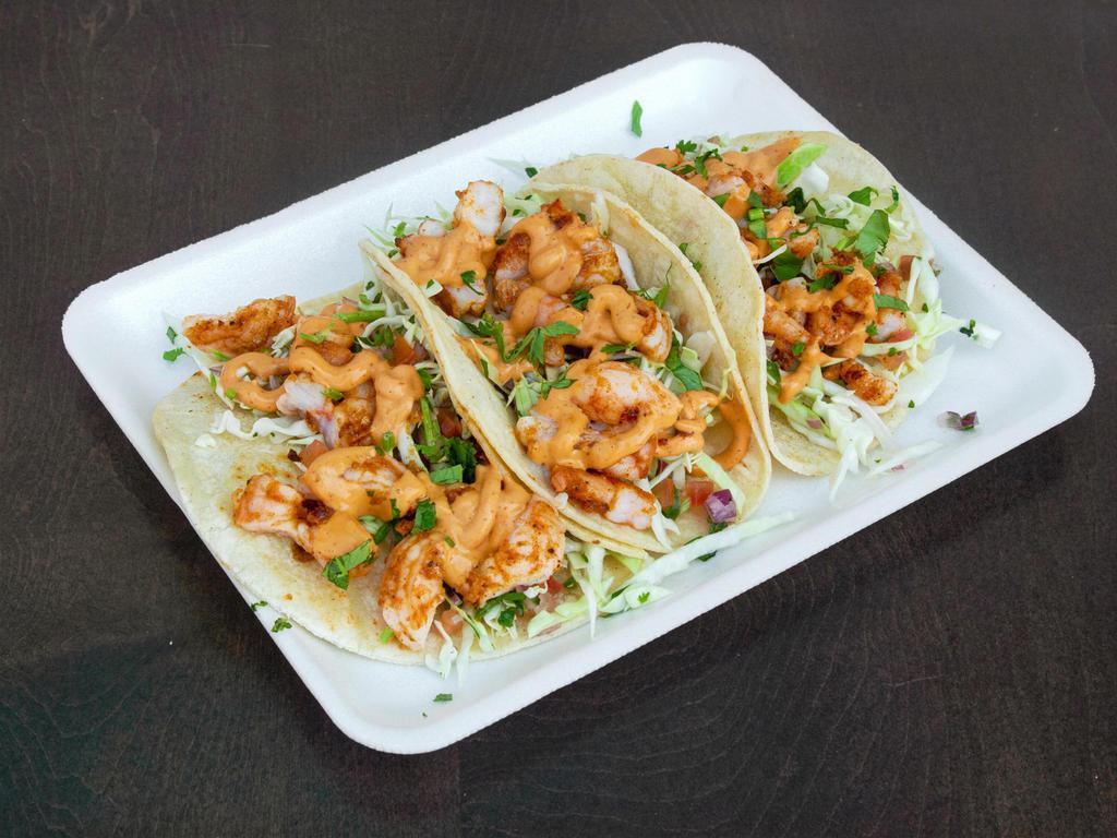 3 Shrimp Tacos · Grilled shrimps, corn tortilla, pico de gallo and cabbage mix and chipotle sauce.