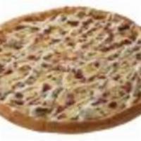 Chicken Bacon Ranch Pizza · Spread with ranch dressing and topped with chicken breast, bacon and extra cheese.