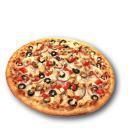Mediterranean Chicken Pizza · Extra virgin olive oil topped with mozzarella cheese, chicken breast, red onion, black and g...
