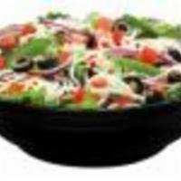 Garden Salad · Red onions, green peppers, tomatoes, black olives and mozzarella cheese.