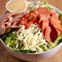 Antipasto Salad · Iceberg, romaine, ham, pepperoni, red onion, green pepper, tomato, mozzarella, and Italian d...