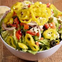 Mediterranean Salad · Iceberg, romaine, feta cheese, red onion, tomato, black and green olives, banana peppers and...