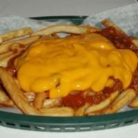 Chili Cheese Fries · Fried potatoes topped with cheese and chili.