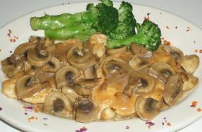 Chicken Marsala Dinner · Chicken simmered in a mushroom, onion and Marsala wine sauce served with broccoli.