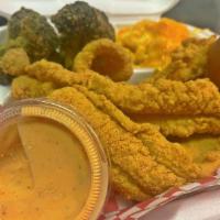 2 Pc Fried CatFish Dinner · Comes with 2 signature sides , House Roll & our Spicy Aioli (Seafood Sauce) . Add 6 Pc Shrim...