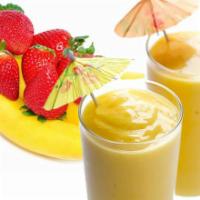 Hawaiian Holiday Smoothie · Pineapple and orange juice, banana, orange sherbet, and strawberries.