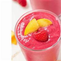 Malibu Slim Power Blend · Peach juice, banana, raspberries, peaches, raspberry sherbet, chromi.