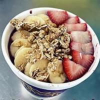 Acai Strawberry Bowl · Acai, apple juice, banana, strawberries blended together  atop a bottom layer of granola. A ...