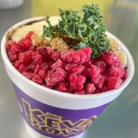 PB & K Bowl · Acai, milk, banana, raspberries, peanut butter and kale blended together atop a bottom layer...