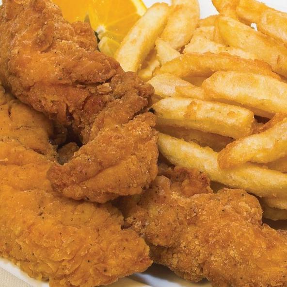 5 Pieces Chicken Strips with Crispy Fries · Served with honey mustard and coleslaw.