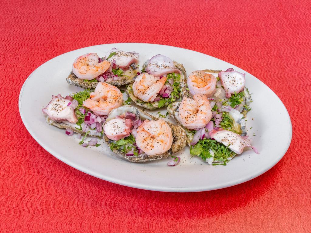 Ostiones Preparados  · Oysters on the 1/2 shell topped with shrimp, tomato, onion, cilantro and cucumber. Camaron, pulpo, tomate, cebolla, cilantro.