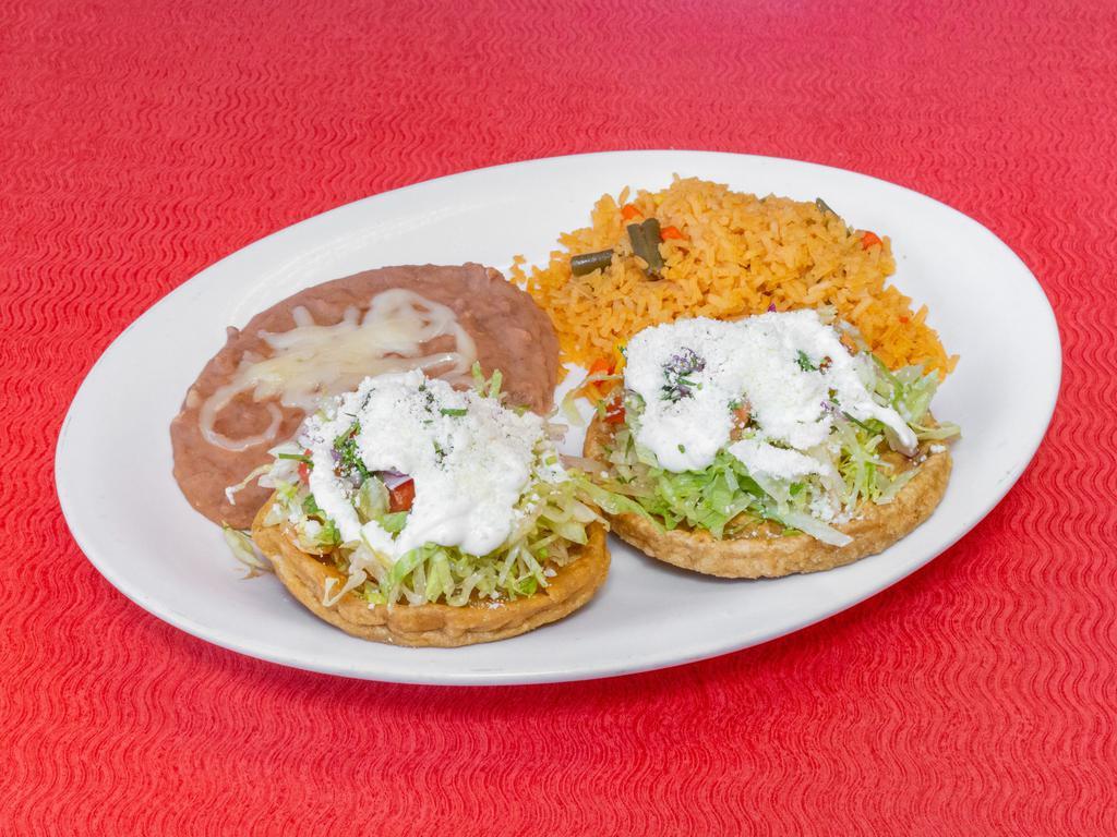 Sope Dinner · 2 sopes rice and beans. Platillo de sopes 2 sopes arroz y frijoles. 