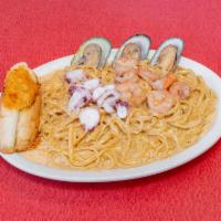 Pasta Brava  · Brava pasta. Linguine pasta cooked with shrimp, octopus, mussels and clam in a hot spicy sau...