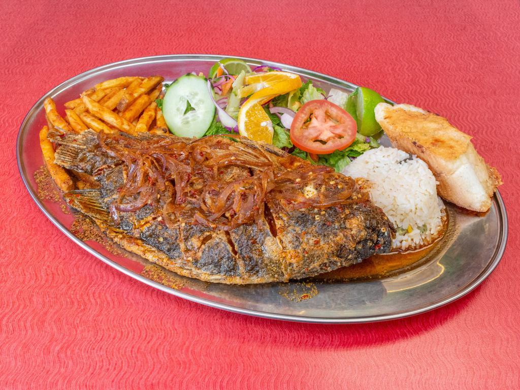 Mojarra with Seafood  · Con mariscos. Nayarit style, devil, garil, butter or fried. Estilo nayarit a la diabla, ajo, mantequilla, al ajillo, ranchero o frito. 