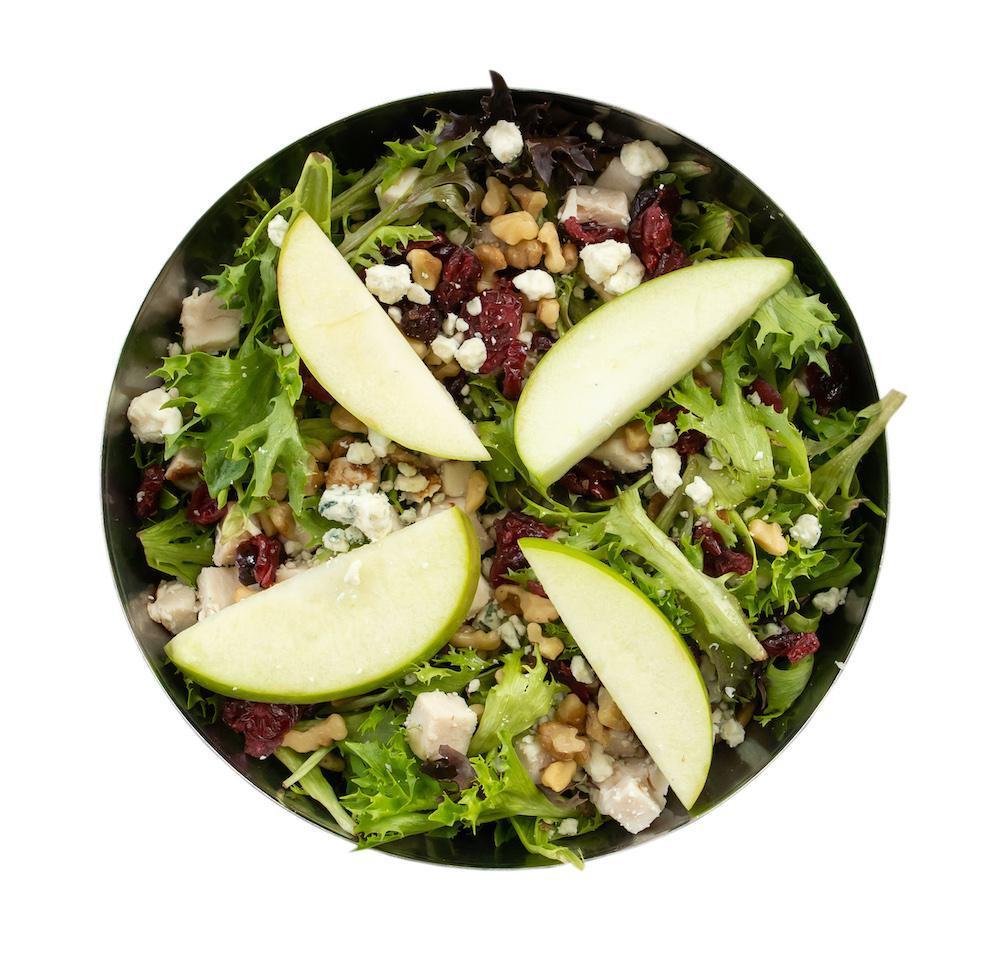 Cran-Apple with Blue Cheese Salad · Mixed greens, oven-roasted chicken breast, granny smith apples, dried cranberries, blue cheese and walnuts with our very own cran-apple vinaigrette.