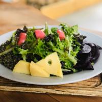 Composed Salad · Mixed greens, mustard vinaigrette, beets, lentil salad, cheese.