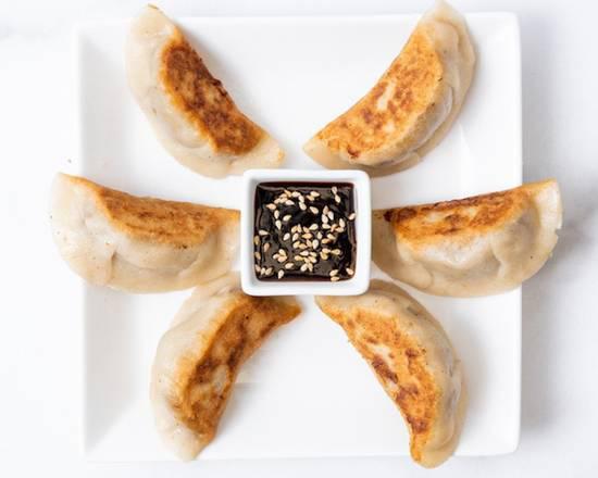 Sweet Potato Potstickers · Gluten-free potstickers filled with sweet potato, fresh garlic, and fresh ginger. Pan fried and served with our house-made ginger garlic sauce. 5 per order. Gluten-Free. Vegan.